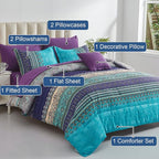 Boho Comforter Set California King Size 8 Piece Bed in a Bag Bohemian Striped Bedding Quilt Set Aqua Paisley Floral Comforter and Sheet Set,Soft Microfiber Complete Bedding Sets for All Season