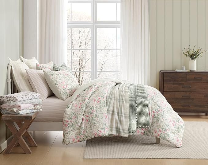 Laura Ashley - King Sheets, Breathable Cotton Flannel Bedding with Deep Pockets, Brushed for Extra Softness & Comfort, Oeko-Tex Certified (Jolly Cardinals Green, King)
