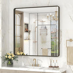 36x36 Inch Bronze Framed Bathroom Mirror, Rectangle Brushed Bronze Metal Vanity Mirror, Square Modern Wall Mirror, Rounded Corner, Tempered Glass, Anti-Rust, Shatterproof (Horizontal/Vertical)