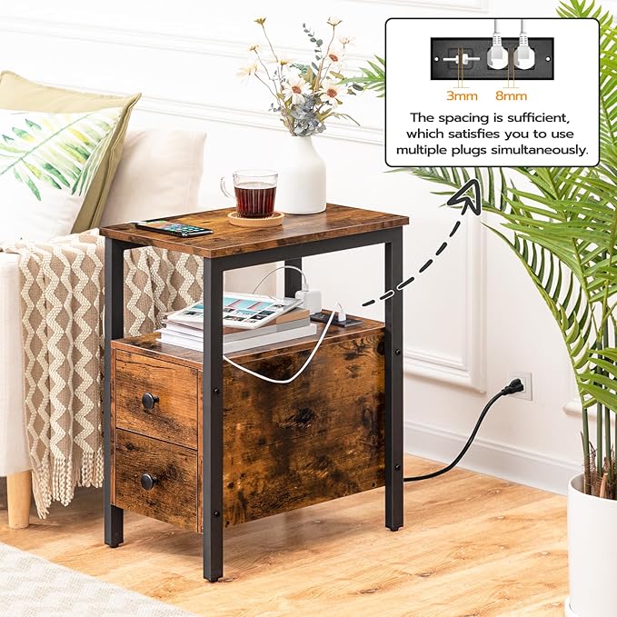 HOOBRO End Table with Charging Station, Narrow Side Table with 2 Drawer & Power Outlets, Nightstand Small Spaces, Rustic Brown and Black BF541BZP201