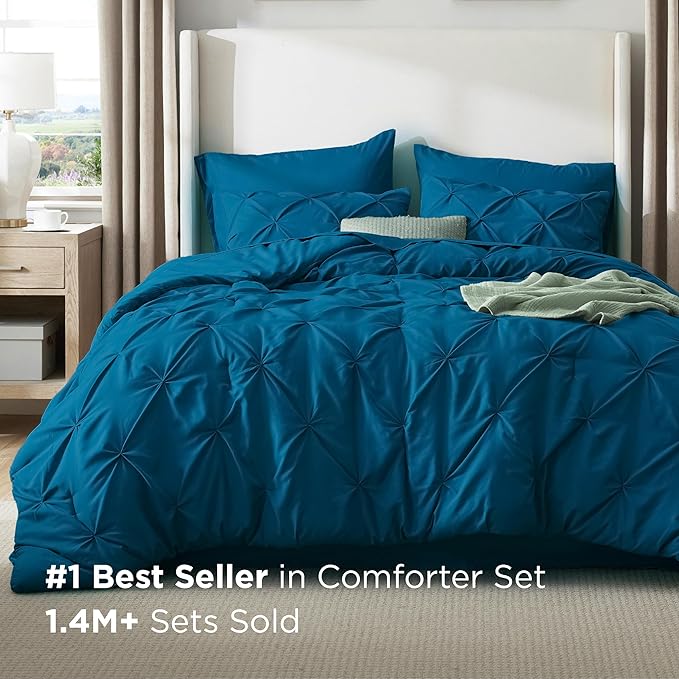 Bedsure King Size Comforter Set Teal - Bed in a Bag Bedding Set 7 Pieces, GentleSoft™ Pintuck Bed Set Gift for Family, Pinch Pleat Teal Comforter with Sheets, Pillowcases & Shams