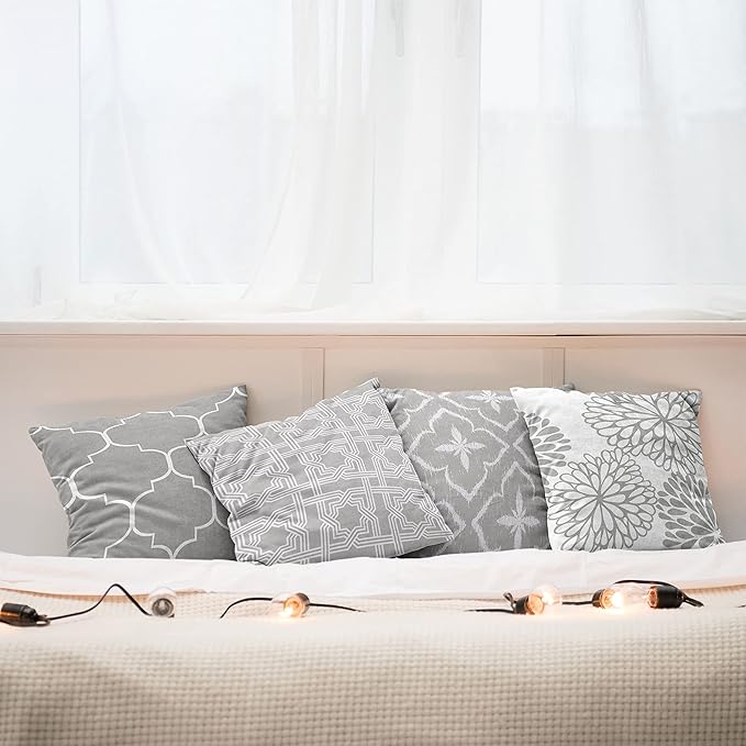 Ambesonne Vintage Throw Pillow Cushion Case Pack of 4, Monochrome Design Grid Trellis Quatrefoil Mesh and Dahlia Flowers Modern Print, Modern Accent Double-Sided Digital Printing, 20", Grey White