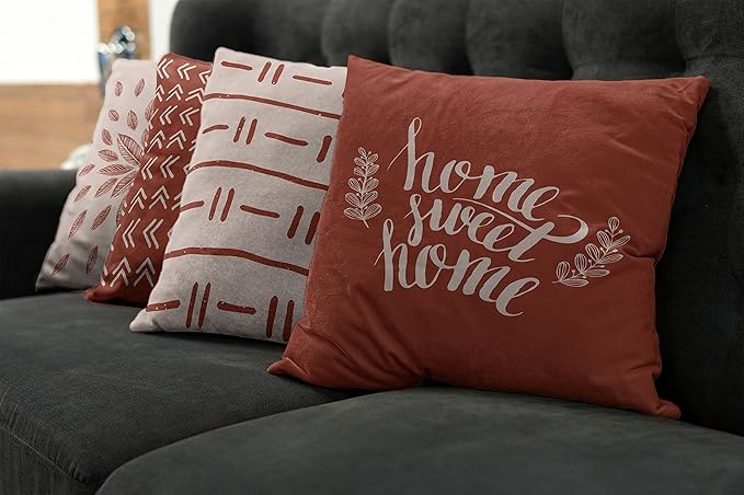 Ambesonne Modern Throw Pillow Cushion Case Pack of 4, Scandinavian Minimal Ornaments Boho Feather Leaves and Home Phrase Print, Modern Accent Double-Sided Digital Printing, 20", Pale Tan and Dark Rust