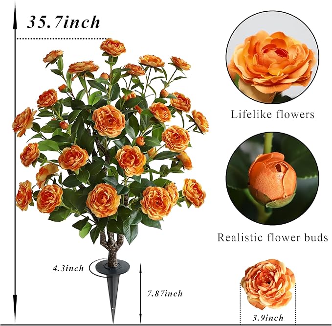 36" Artificial Camellia Tree, 2 Pack Soil Insertion w/Spike,30 Blooming Flowers Plants,Faux Floral Plant Blooming Tree in Cement Pot, Greenery Potted Plant for Indoor Outdoor Office Home Porch Decor