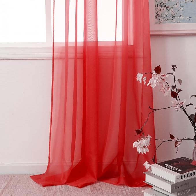 HUTO Christmas Red Sheer Curtains Window Drapes 2 Panels Rod Pocket Voile Sheer Panels Curtains 63 inches Long for Bedroom Living Room Nursery Study Room