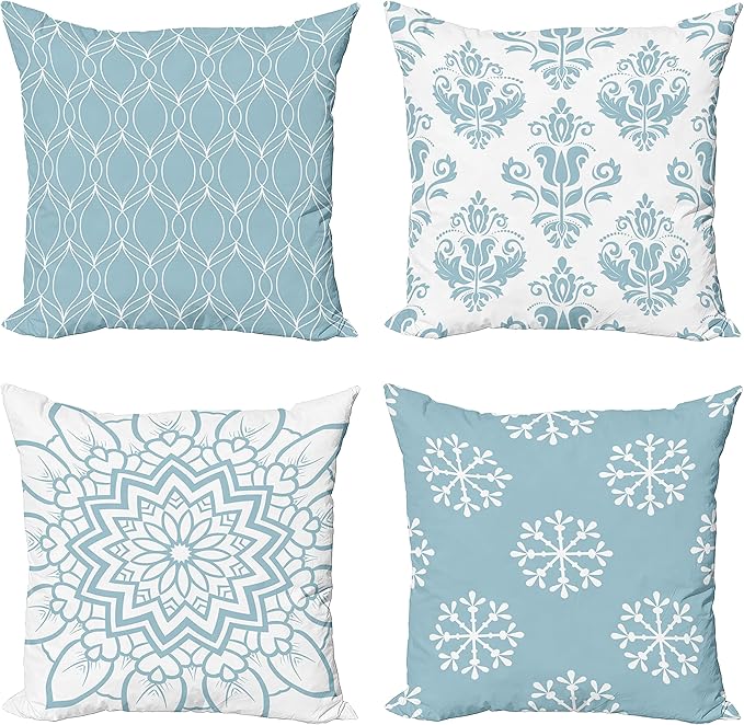 Ambesonne Retro Throw Pillow Cushion Case Pack of 4, Trellis Grid Medieval Floral Damask Mandala Flower Ornament in Modern Monochrome, Modern Accent Double-Sided Digital Printing, 20", Pale Blue Grey