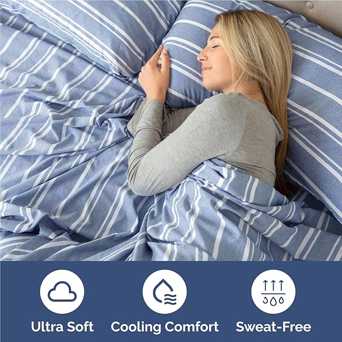 Twin XL 4 Piece Sheet Set - Comfy Breathable & Cooling - Soft Hotel Luxury Bedding Set with 8-16 Inch Deep Pockets - 1 Flat & 1 Fitted Sheet & 2 Pillowcases - Wrinkle Free & Easy Care - Blue Stripes 3