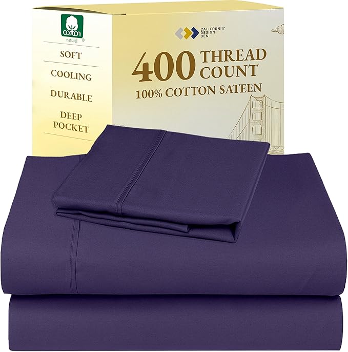 California Design Den Twin Sheets Set - Soft 400 Thread Count Sateen, Natural 100% Cotton Sheets with Deep Pockets, Cooling and Durable Bedding Set - Purple