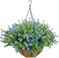 Artificial Hanging Flowers Basket for Outdoor, 16 Fake Flowers Look Real UV Resistant, Faux Hanging Plants for Porch, Balcony, Patio, Garden, Spring Summer Decor,Blue