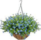 Artificial Hanging Flowers Basket for Outdoor, 16 Fake Flowers Look Real UV Resistant, Faux Hanging Plants for Porch, Balcony, Patio, Garden, Spring Summer Decor,Blue