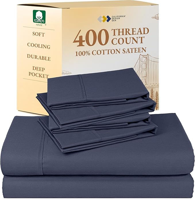 California Design Den 6-Pc Queen Size Sheet Set with 4 Pillowcases - 400 Thread Count 100% Cotton Sheets, Cooling Sateen Weave, Luxury Deep Pocket Bedsheets Set - Indigo Dusty Blue