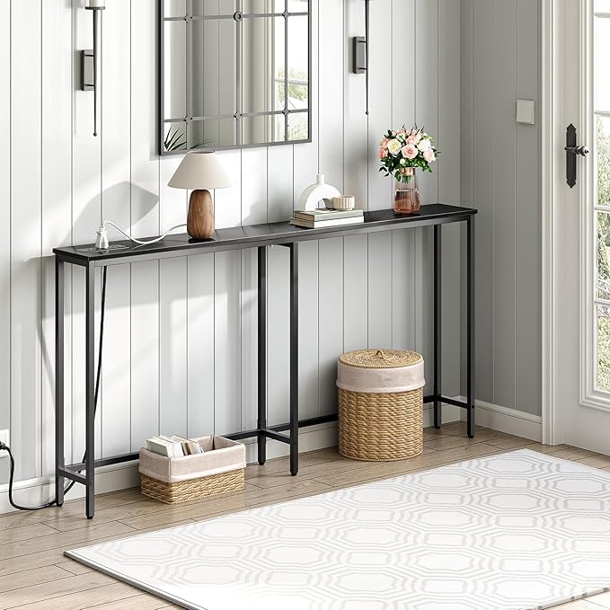 HOOBRO 63" Narrow Console Table with Charging Station, 5.9" Sofa Table with 2 Power Outlets and USB Ports, Long Entryway Tables Behind Couch Table, for Hallway, Livingroom, Black BB165UXG01