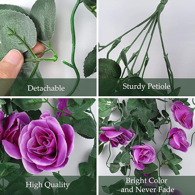 RECUTMS Artificial Hanging Rose Plants Fake Flowers Vines Wall Décor House Garden Patio Front Porch Indoor Decor (Purple)