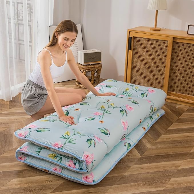MAXYOYO Japanese Futon Mattress Floor Mattress Sleeping Pad Foldable Bed Roll Up Camping Mattress Floor Lounger Bed Couches and Sofas Mattress Topper, Green Floral, Twin Size