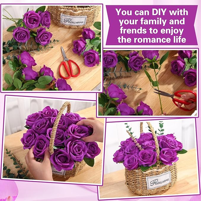 72 Pcs Artificial Roses Purple Fake Silk Roses Realistic Roses Faux Flower Indoor Wedding Home Decor, Birthday Decorations