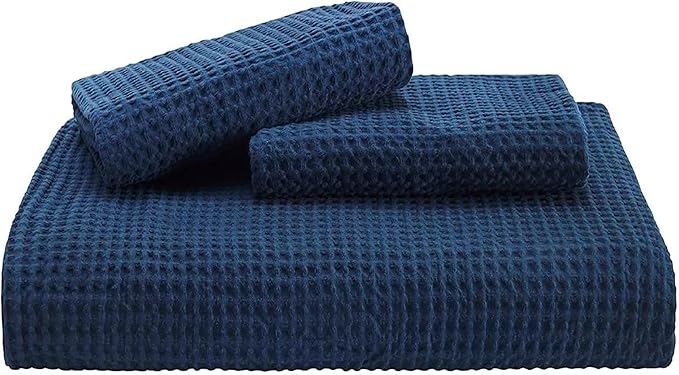 Bedsure Cotton Duvet Cover Queen - 100% Cotton Waffle Weave Navy Blue Duvet Cover Queen Size, GentleSoft™ and Breathable Bedding Set for All Season, 3 Pieces, 90"x90"