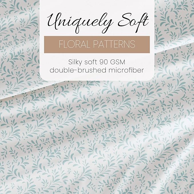 Linen Market Double-Brushed Patterned Microfiber Queen Sheet Set 4 Piece – Oeko-TEX Certified Ultra Soft & Wrinkle-Free - 16" Deep Pocket Sheets - Easy Care Queen Size - Burst of Vines Light Blue