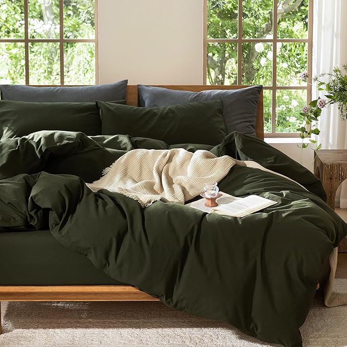 MooMee Bedding Duvet Cover Set 100% Washed Cotton Linen Like Textured Breathable Durable Soft Comfy (Solid Olive Green, Super King 108"x98")
