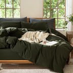 MooMee Bedding Duvet Cover Set 100% Washed Cotton Linen Like Textured Breathable Durable Soft Comfy (Solid Olive Green, Super King 108"x98")