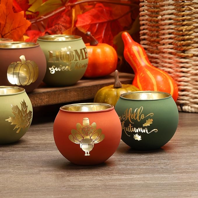 Set of 8 Fall Votive Candle Holder,Glass Tealight Holders with 6 Engraving Patterns,Thanksgiving Candlestick Holder for Home Wedding Table Centerpieces Decoration