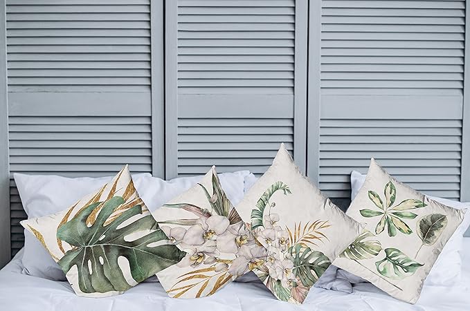 Ambesonne Vintage Tropical Throw Pillow Cushion Case Pack of 4, Retro Botanical Summer Vibes Monstera Leaf Orchid Flowers, Modern Accent Double-Sided Digital Printing, 20", Laurel Green Ginger Blush