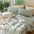 MooMee Bedding Duvet Cover Set 100% Washed Cotton Linen Like Textured Breathable Durable Soft Comfy (Heathered Sage Green, Oversized Queen 98"x98")