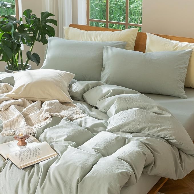 MooMee Bedding Duvet Cover Set 100% Washed Cotton Linen Like Textured Breathable Durable Soft Comfy (Heathered Sage Green, Full 80"x90")