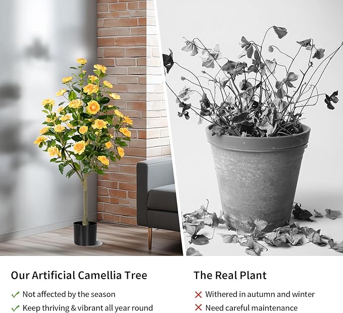 Artificial Camellia Tree 2 Pack, Artificial Plants Outdoor Faux Floral Plant in Cement Pot Fake Silk Camellia Tree Plants for Home House Living Room Office Decor