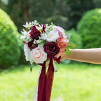 ponatia Burgundy Wedding Bouquets for Bride Bridesmaid, Blush Artificial Prom Flowers Bouquet for Weddings, Ceremony, Anniversary (Burgundy & Blush)