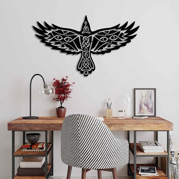 KAWA METALWORKS Nordic Viking Raven Metal Wall Art Decor, Norse Mythology Sculpture, Odin's Raven Wall Decor (Gold, Small - 10.2" x 18" H x W)