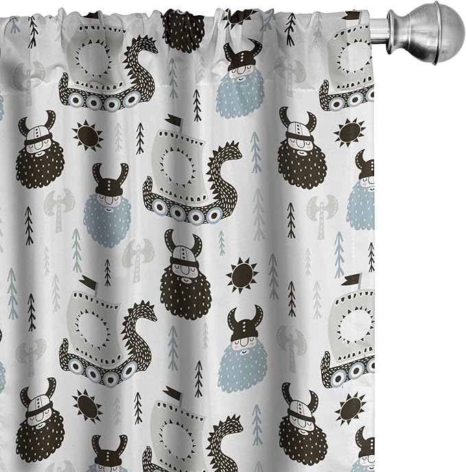 Ambesonne Scandinavian Curtains, Viking Longboat Design Cartoon Style Character Illustration, Window Treatments 2 Panel Set for Living Room Bedroom, Pair of - 28" x 84", Blue Grey
