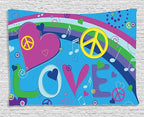Ambesonne Groovy Tapestry, Love Peace and Hearts Music Notes Keys Typography Seventies Movement Print, Wide Wall Hanging for Bedroom Living Room Dorm, 80" X 60", Aqua Blue