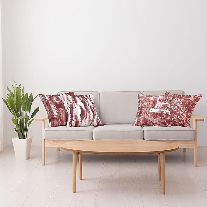 Ambesonne Vintage Throw Pillow Cushion Case Pack of 4, Abstract Grunge Effect Brushstrokes and Waving Striping Stains Paisley Drops, Modern Accent Double-Sided Digital Printing, 24", Maroon Rust White
