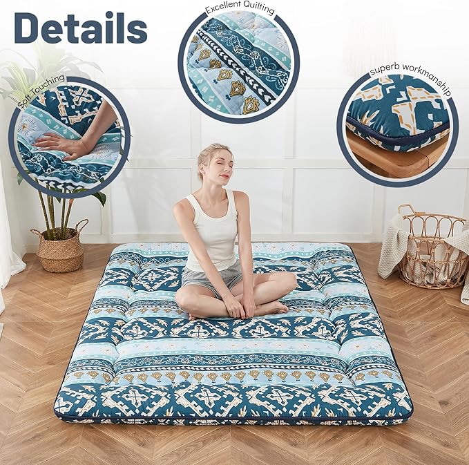 Japanese Floor Mattress, Futon Mattress with Portable Storage Bag and Washable Cover, Roll Up Thick Tatami Mat Suitable for Camping, Guest Room (Blue Striped Jacquard, Full)