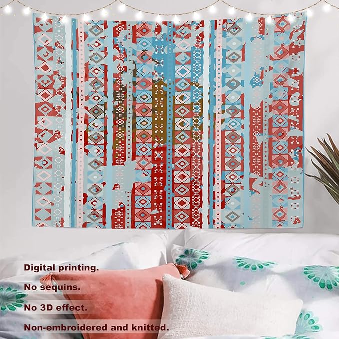 Batmerry Blue Grey Boho Garbage Tapestry, Red Wall Art Hanging Decoration Polyester Fiber White Ruffled Around for Dorm Room Bedroom Living Room, 59.1x82.7 inches