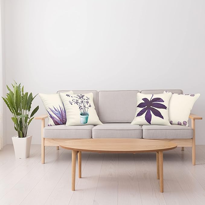 Ambesonne Botanical Throw Pillow Cushion Case Pack of 4, Minimalist Watercolor Painting Leaves Agave Branches Plant in a Pot, Modern Accent Double-Sided Digital Printing, 16", Quartz and Lavender