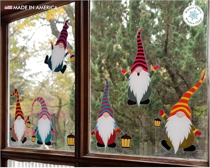 28 Inch Christmas Elf Window Cling Decals. Colorful Nordic Christmas Gnome Home Holiday Decoration. Reusable, No Adhesive, Traditional Scandinavian Holiday Decor. Made in America. (XL (Set of 6))