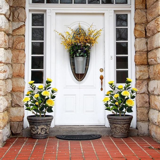 2Pack Artificial Camellia Tree, 2FT Fake Tree Blooming Camellia Flower Plant for Spring Home Front Door Outdoor Indoor Decoration,Yellow