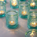 Blue Votive Candle Holders Set of 12, Vintage Blue Tealight Candle Holders, Teal Candle Holder for Wedding Home Decor, Embossed Candle Votives for Bridal Shower Decor/Thanksgiving/Christmas