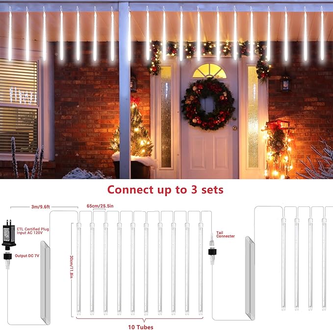 Joomer 2Pack Christmas Lights Outdoor, 11.8 inch 10 Tubes 240 LED Meteor Shower Lights, LED Falling Icicle Cascading Light with Timer Waterproof and Connectable for Christmas Decoration (White)