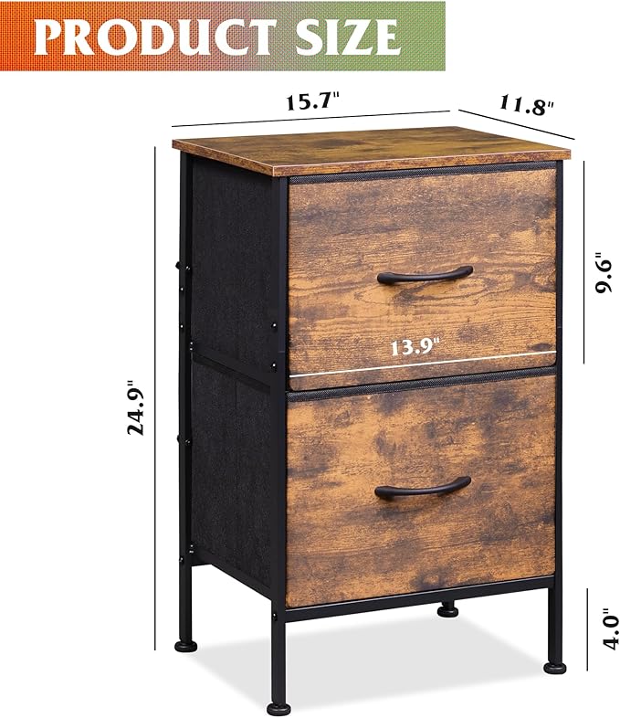 WLIVE Night Stand Set 2, Dresser and Nightstand Sets, Nightstands with 2 Fabric Drawers, End Tables for Bedroom, Bedside Furniture, College Dorm, Rustic Brown Wood Grain Print, Size L