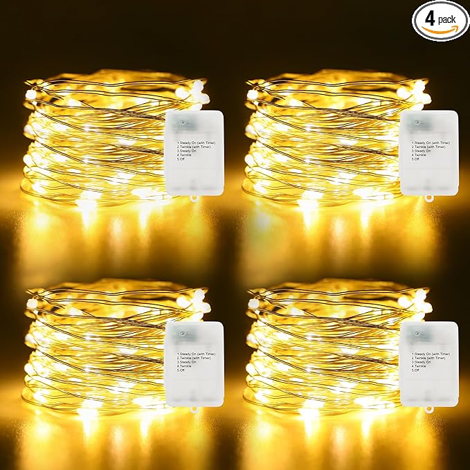 4 Pack Timer Fairy Lights Battery Operated 16.4Ft 50 LEDs Silver Copper Wire Christmas Twinkle Lights with 5 Lighting Modes for Indoor Outdoor Wedding Holiday Yard Decorations (Warm White)