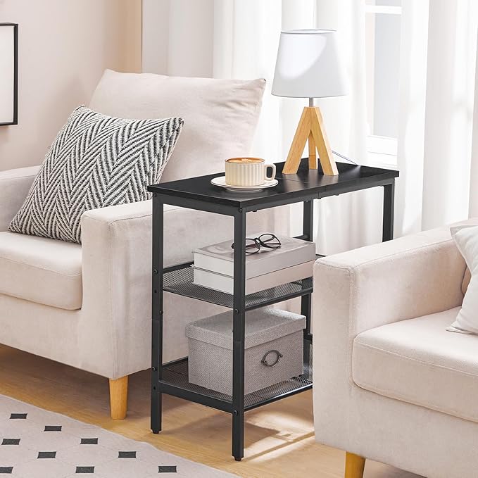 HOOBRO Black Side Table, 3-Tier Metal Side Table, Small Black Table with 2 Flat or Slant Adjustable Shelves for Small Spaces, Hallway, Living Room, Bedroom, Sturdy, Easy Assembly, Black BB23BZ01G1