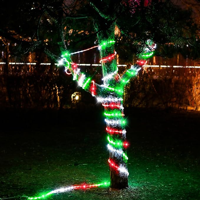50ft 360 LED Waterproof Rope Lights, 110V Connectable Indoor Outdoor Led Rope Lights for Deck, Patio, Pool, Camping, Bedroom Decor, Landscape Lighting and More (RED+White+Green)