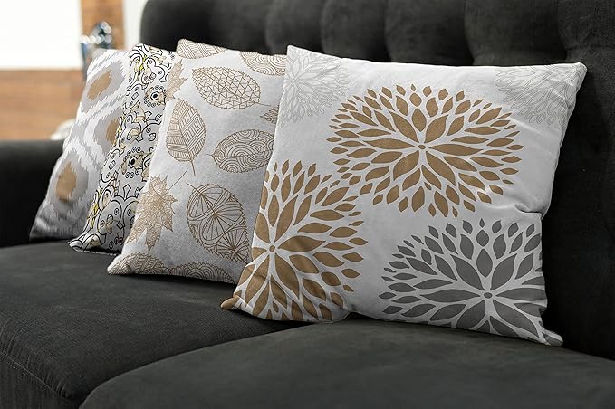Ambesonne Vintage Throw Pillow Cushion Case Pack of 4, Bohemian Ornamental Leaves Dahlia Pattern Geometric Art Curlicue, Modern Accent Double-Sided Digital Printing, 18", Pale Brown Grey White
