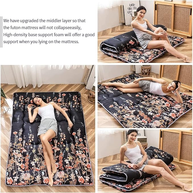 MAXYOYO Black Floral Japanese Futon Floor Mattress, Bed Mattress Topper Portable Thick Sleeping Pad Floor Bed Roll Up Camping Mattress Folding Couch Bed Mattress Pad for Guest Room, Queen