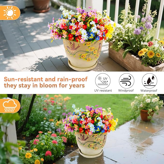 28 Bundles UV Resistant Outdoor Silk Artificial Flowers,7 Colors, Faux Daisy Flowers Hanging Fake Plants for Porch Patio Garden Window Yard Farmhouse Summer Autumn Decoration.