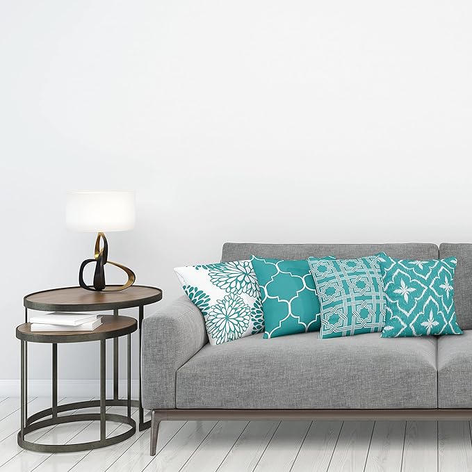 Ambesonne Vintage Throw Pillow Cushion Case Pack of 4, Monochrome Design Grid Trellis Quatrefoil Mesh and Dahlia Flowers Modern Print, Modern Accent Double-Sided Digital Printing, 20", Teal and White