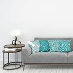 Ambesonne Vintage Throw Pillow Cushion Case Pack of 4, Monochrome Design Grid Trellis Quatrefoil Mesh and Dahlia Flowers Modern Print, Modern Accent Double-Sided Digital Printing, 24", Teal and White
