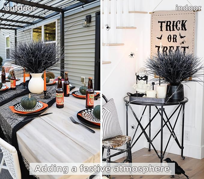 Black and White Plants Halloween Faux Flowers,Artificial Onion Grass Fake UV Resistant Outdoor Shrubs Plants Flowers Greenery Stems Faux Wheat Grass for Garden Home Window Box Porch Decor(Black White)